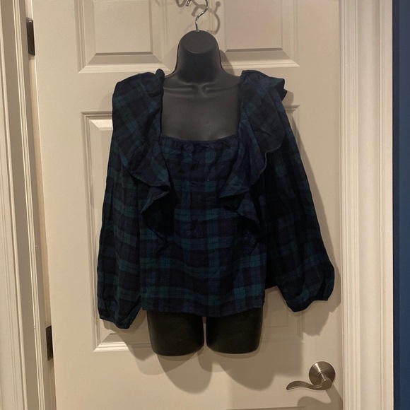 Large J Crew shirt - green and blue with ruffle - new with tags - Picture 1 of 4